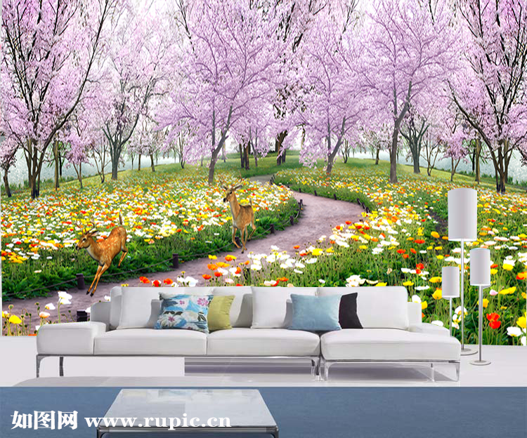 r30440鹿花草树木樱花风景画