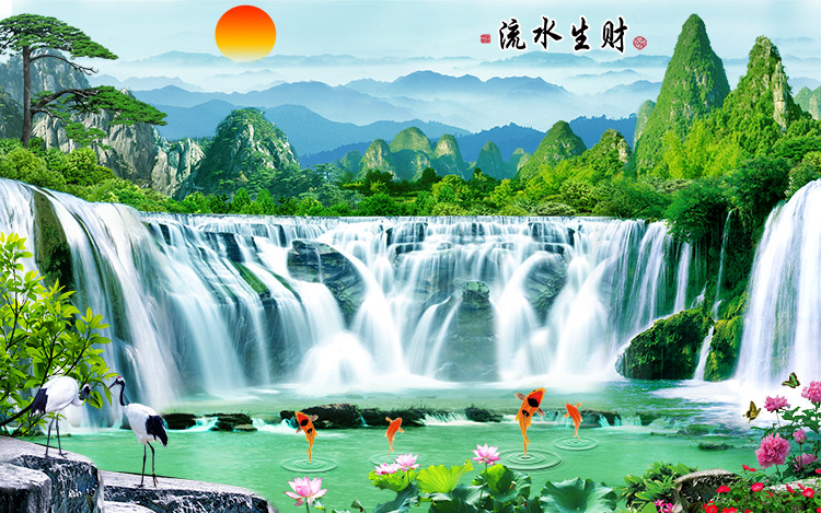 xl-3167 流水生财瀑布荷花仙鹤松树山水风景图