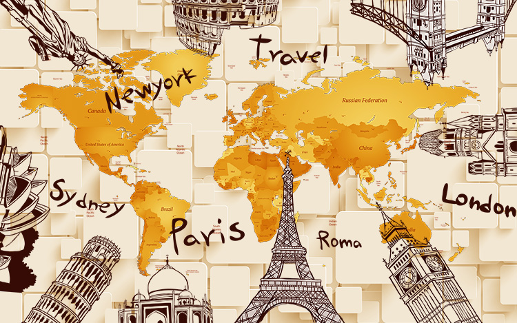 XXL-3024 世界地图建筑物手绘卡通图