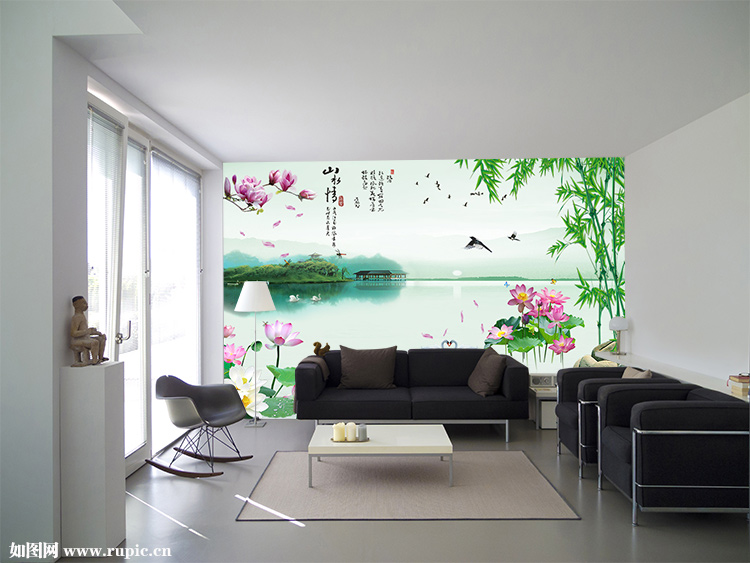 XXL-4102 山水情竹子荷花飞鸟简约图_如图网