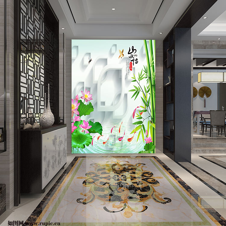 XXL-5883 山水情菱形款竹子荷花玄关简约图_