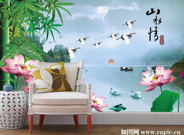 XXL-6905 山水情竹子荷花飞鹤简约图_如图网