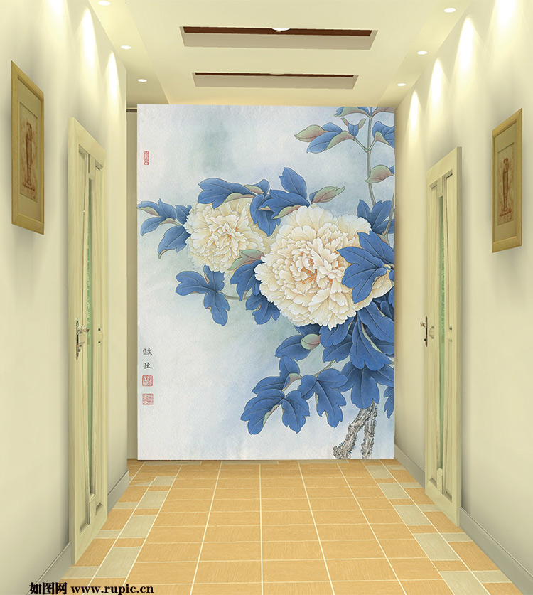 XXL-1461 怀臣牡丹绿叶玄关简约国画图_如图