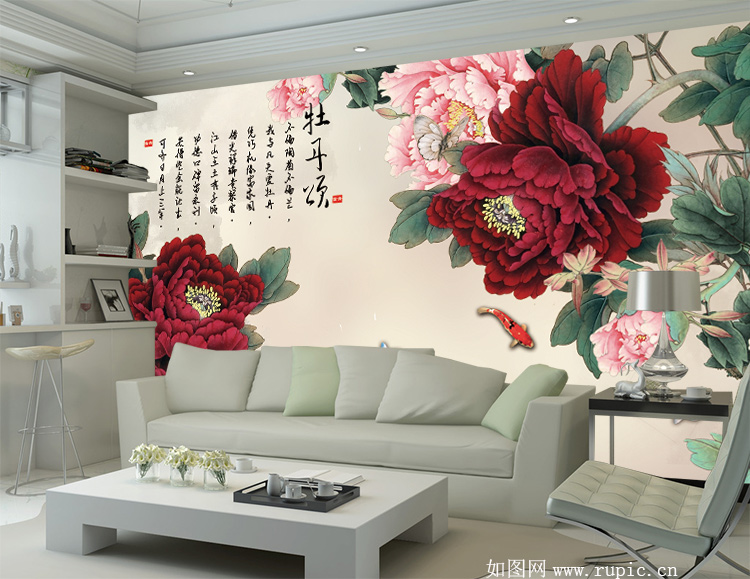 XXL-9476 牡丹颂牡丹花朵鲤鱼简约图_如图网