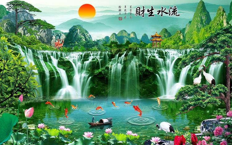 流水生财瀑布山水荷花迎客松九鱼小船背景墙装饰画