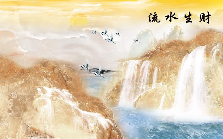 流水生财大理石瀑布山水日出背景墙装饰画
