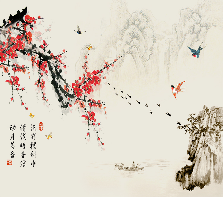 中式水墨梅花花鸟小船山水背景墙
