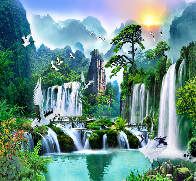 迎客松仙鹤瀑布山水中式背景墙装饰画